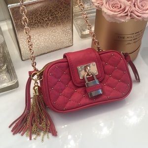Bebe Mini Studded Quilted Shoulder Crossbody Bag Pink Gold